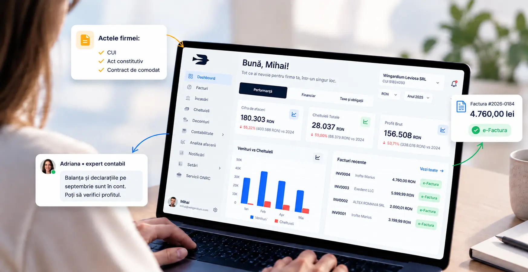Aplicația StartCo: dashboard, actele firmei, e-Factura și mesaj de la expertul contabil